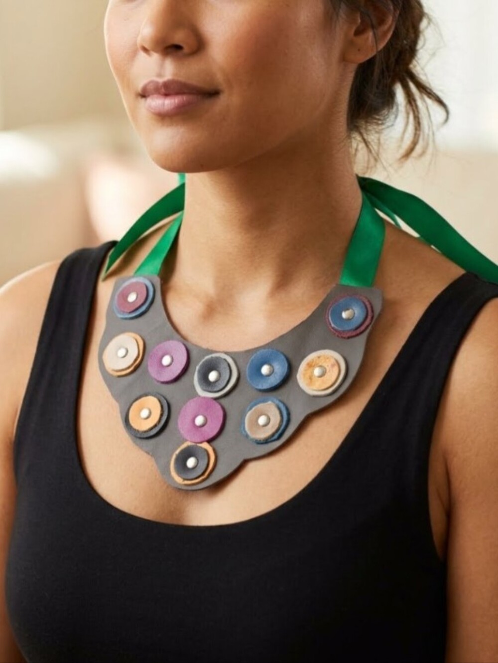 Handmade Genuine Leather Circles Bib Statement Necklace Silver Rivets 071